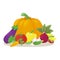 Colorful still life with vegetables. Pumpkin, garlic, tomato, cucumber, eggplant, corn, peas, beets, carrots, broccoli, bell