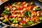 colorful stir-fry with tofu chunks on a skillet