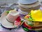 Colorful straw hats stacked in an outdoor