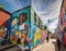 Colorful street mural depicting social issues in an urban setting