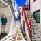 Colorful streets of traditional Mykonos island, Chora town