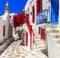 Colorful streets of traditional Mykonos island, Chora village