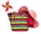 Colorful striped beach bag with a straw hat towel sunglasses and