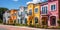 Colorful stucco finish traditional private townhouses. Residential architecture exterior