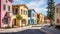Colorful stucco finish traditional private townhouses. Residential architecture exterior
