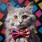 Colorful Studio Portrait Of A White Cat Wearing A Bow Tie