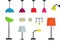 Colorful stylish standing, wall, desk, ceiling lamp set