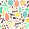 Colorful stylized cacao pods with chocolate bars and spices. seamless vector pattern background