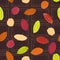 Colorful stylized cacao pods on a chocolate square backdrop seamless pattern vector background.