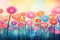 Colorful stylized illustration of poppy flowers field with dreamy, soft background