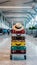 Colorful Suitcases and Hat on Trolley in Modern Airport Terminal