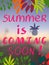 Colorful summer card with sea pear blur background, pineapple, summer is coming soon lettering