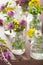 Colorful summer medical flowers and herbs in jars