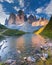 Colorful summer morning in Italy Alps, Tre Cime Di Lavaredo, Dolomites, Europe.