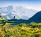 Colorful summer scene with ancient Lamaria church in Ushguli village.