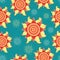 Colorful summer sun seamless pattern on aquamarine background