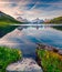 Colorful summer sunrise on Bachalpsee lake with Schreckhorn and