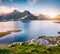 Colorful summer sunset on the Totensee lake on the top of Grimselpass.