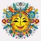Colorful Sun With Flower Pattern And Leaves - Land Art Doodle