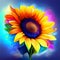 Colorful sunflower on a dark blue background with rays of light AI generated