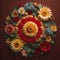 Colorful sunflowers in a circle on a brown background. ai generated