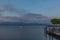 Colorful sunrise on the marina of Lausanne on the Lake Leman in