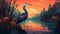 Colorful Sunset A Bold Graphic Illustration Of A Water Bird In A Forest