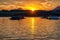 Colorful sunset  on lake Liptovska Mara, Slovakia. Houseboats on water