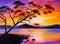 Colorful sunset on the lake, oil painting, art watercolor