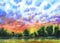 Colorful sunset landscape watercolor painting. Calm nature with forest, sky and field. Summer sunrise.