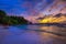 Colorful sunset over Anse Severe Beach at the La Digue Island, Seychelles