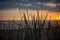 colorful sunset over calm sea beach with dark blue water and dramatic contrasty clouds