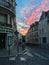 Colorful sunset over a Montmartre street in Paris, France