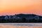 Colorful sunset over the Sint Pietersberg St Pieters mountain and a silhouette of the former cement factory and skyline near Maa