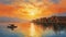 Colorful Sunset Painting Of Boats On A Taiwanese Lake
