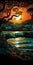 Colorful Sunset Painting By The Water: Linear Illustrations In Dark Silver And Teal