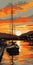 Colorful Sunset With Sailboat Docked: Graphic Design Poster Art