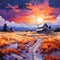 Colorful sunset scene with cottage on a mountain background in oil painting style