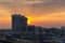 Colorful sunset and sun beams over high rise apartment buildings. Ontario Canada