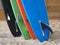 Colorful Surfboards with fins.