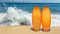 Colorful surfboards ready for waves on sunny beach next to sea with copy space, surf s up scene