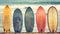Colorful surfboards ready for waves on sunny beach next to sea with copy space for text placement