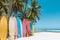 Colorful Surfboards on Sandy Beach , Tropical Coastal Paradise