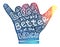 Colorful surfers shaka hand silhouette with white lettering inside: Life is always better at the beach and doodle style