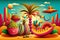 Colorful and surreal cartoon-style illustration for Cinco de Mayo holiday with a tropical punk twist. AI