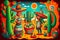 Colorful and surreal cartoon-style illustration for Cinco de Mayo holiday with a tropical punk twist. AI