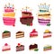 Colorful sweet cakes and cakes slices pieces on white background.