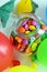 Colorful sweet candy. Pink, yellow and green candies and colorful ballon