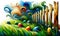 Colorful Swirls and Easter Eggs in Grass with Fence