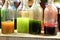 Colorful syrups in bottles for ice cream candy